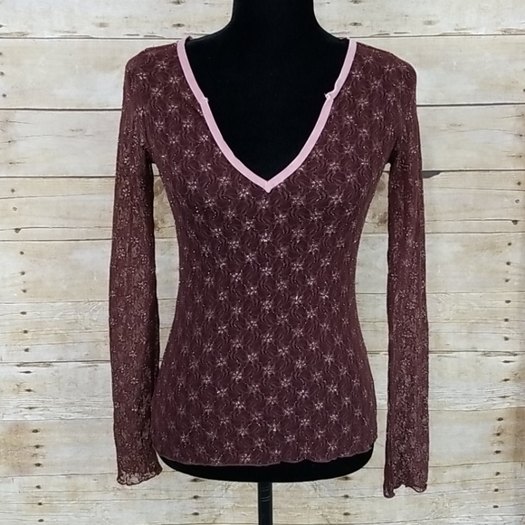 Elegant Lace V-Neck Top - Brown and Pink - Picture 1 of 7